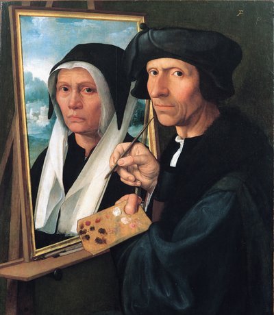 Jacob Cornelisz. van Oostsanen schildert het portret van zijn vrouw. door Dirck Jacobsz.